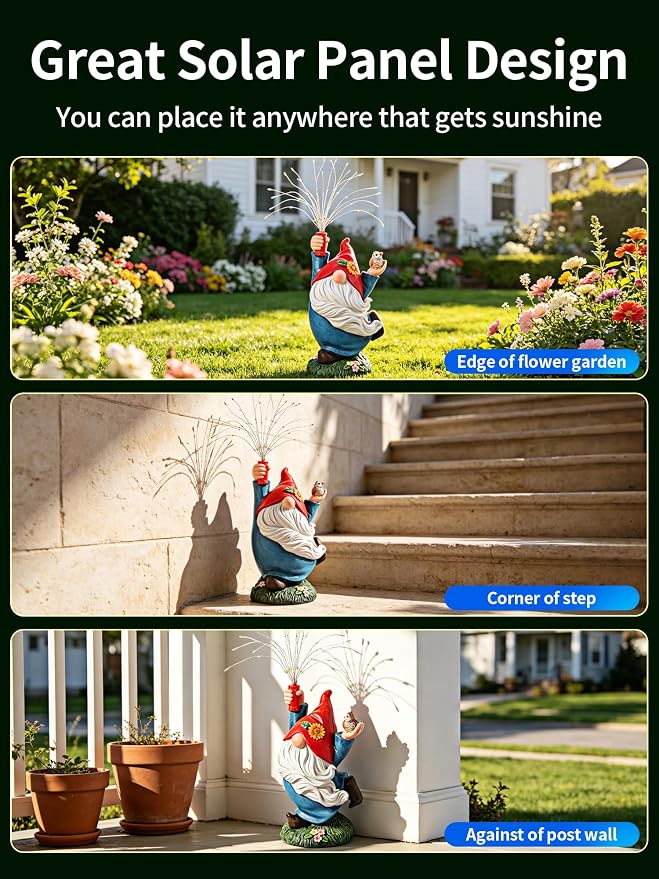 Garden Gnome Statue, Solar Outdoor Decor with Owl and Firework LEDs | Waterproof solar resin gnome for outdoor gardens, patios, porches and balconies; a charming gift for women and garden lovers