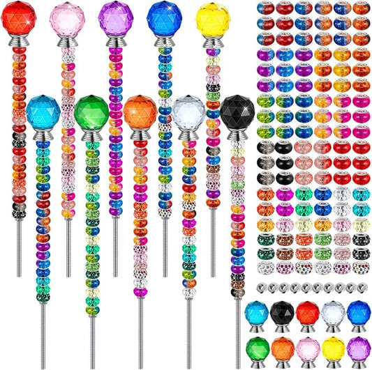 230 Pcs Beaded Garden Stakes, DIY Fairy Wand Garden Stake Beads Kits with 200 Colorful Assortment Round Large Hole Beads with 10 Round Stopper Top, 10 Threaded Rod and 10 Nuts for Outdoor Decoration