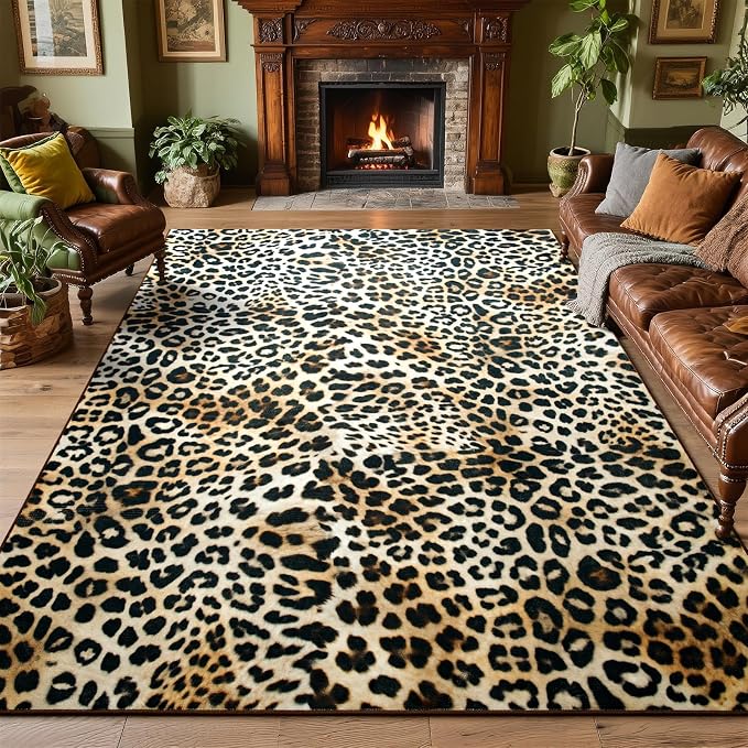 DweIke Leopard Print Rug for Living Room, Machine Washable 8x10 Cheetah Area Rugs for Bedroom, Non-Slip Low Pile Animal Hide Carpet with Rubber Backing for Dining Room Kitchen Home Decor,White Brown