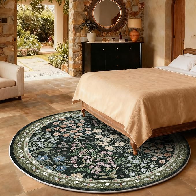 Washable Round Rugs for Bedroom 4ft: Living Room Rug Stain Resistant Non Slip Low Pile Ultra Soft Faux Wool Small Circle Rugs for Entryway Kitchen Nursery Dorm Home Office Bathroom Entrance Indoor