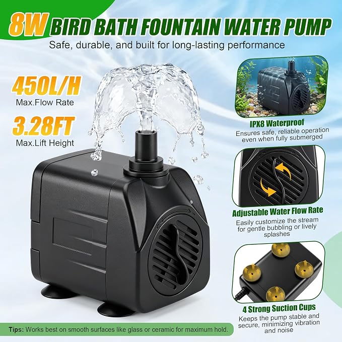 Saillong All Weather Electric Bird Bath Fountain, 8W Water Pump Resin Granite Rock with 2 Nozzles ＆ 3 Adjustable Flow Modes, IPX8 Waterproof Outdoor Fountain Pump for Bird, Birdbath, Fish Tank, Ponds
