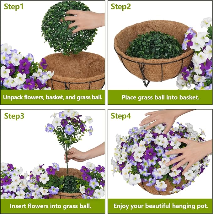2 Set Artificial Hanging Flowers with Basket for Outdoor Decor, 24 Pcs Silk Petunias Fake Plants for Porch Garden Patio Balcony Yard Home Decoration
