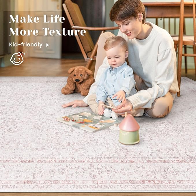 6x9 Area Rugs for Living Room: Washable Vintage Floral Rug Low Pile Non-Slip Boho Carpet for Nursery Bedroom Dining Room (Pink, 6'x9')