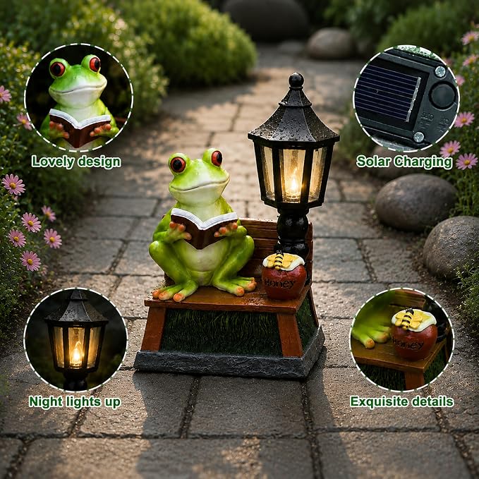 Frog Garden Statue Home Outdoor Decor - Solar Frogs Learning Sculptures Auto LED Waterproof Lights, Garden Outside Figurine Ornament, Women/Gardening/Housewarming Gift for Yard/Pond