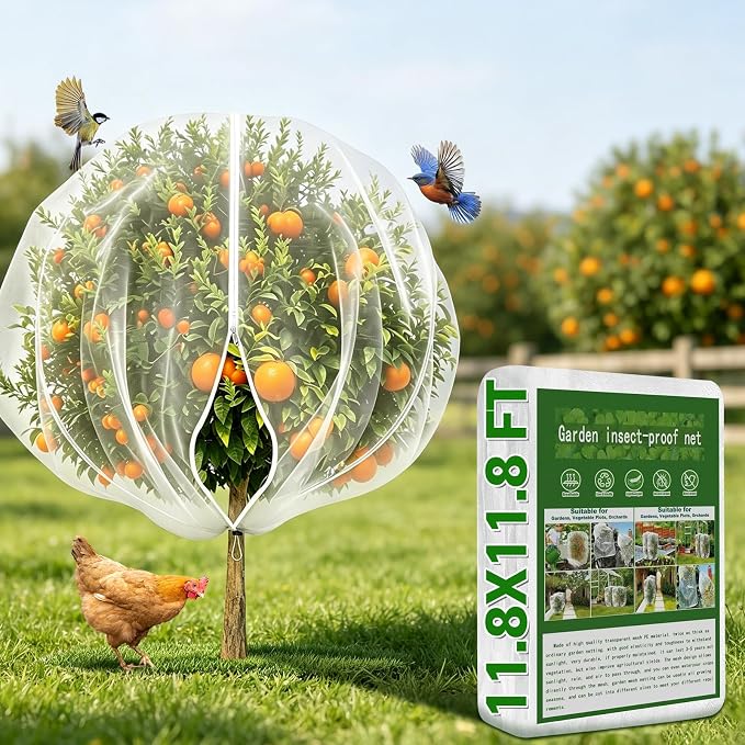11.8×11.8FT Fruit Tree Netting with Zipper and Drawstring, Heavy Duty Garden Mesh Cover, Reusable Plant Protection Netting Against Birds, Squirrels, Cicadas and Insects