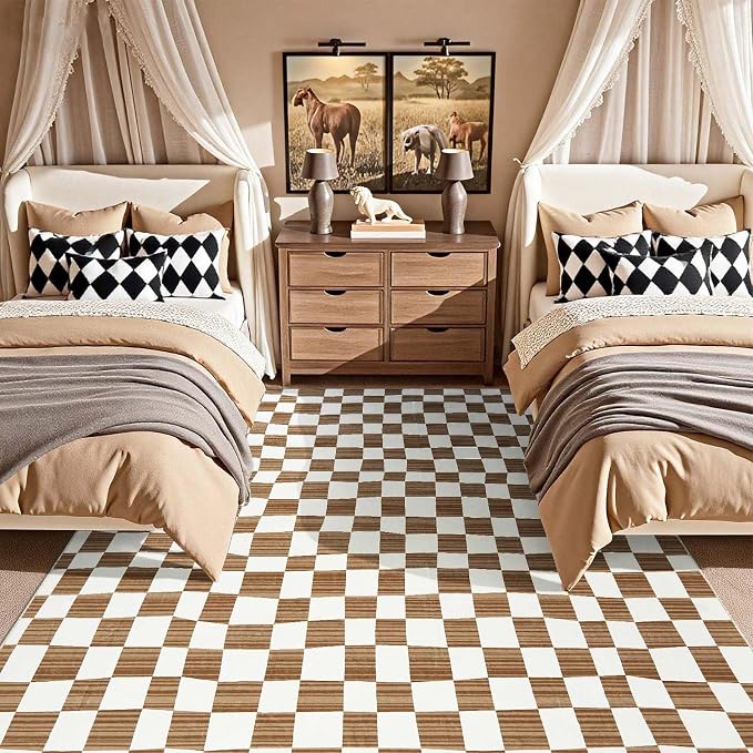 jinchan 6x9 Area Rug Washable Modern Checkered Rug for Kids Room, Brown | Geometric Lattice, Soft, Non-Slip, Floor Carpet, Kitchen, Nursery, Bedroom, Living Room, Dining Room, Nursery, Playroom