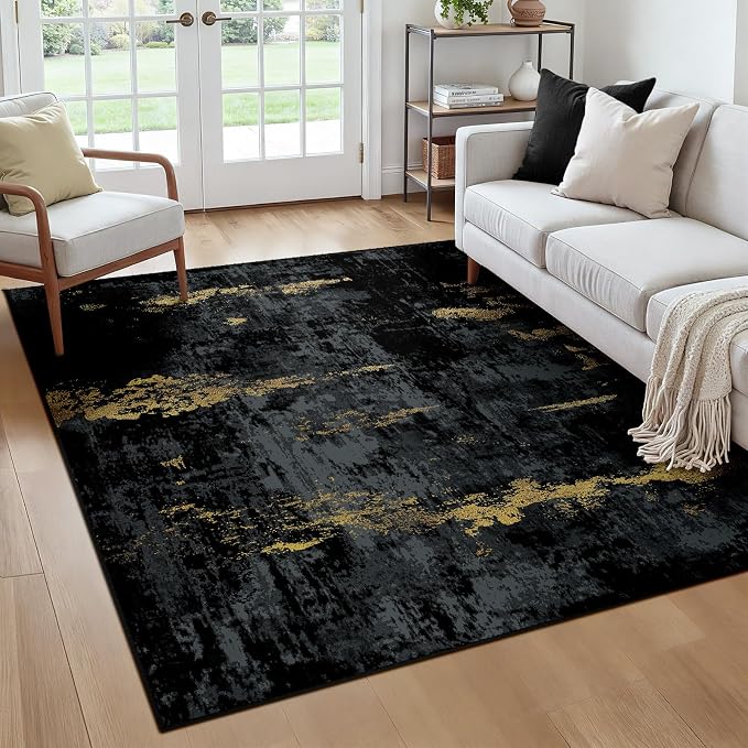 RELEANY Washable Square 6'x6' Area Rug for Living Room Black Gold | Carpet for Bedroom, Kitchen, Office, Hallway and Entryway, Printed Pattern, Non‑Slip, Soft, Stain‑Resistant, Easy to Clean
