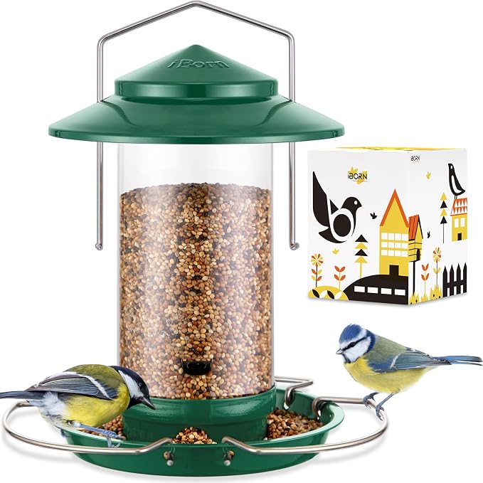 iBorn Bird Feeder Metal Squirrel Chew-Proof Bird Feeders for Outdoors Hanging for Cardinal Outside, Holds 1.32LB Seed with 3 Perchs, Green (Seed is not Included)