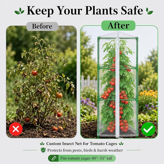 Halatool Garden Tomato Plant Cover Netting, Fits 40–55" Tall Square Tomato Cages, Garden Bird Netting with Zipper & Drawstring, Insect Barrier, Plant Covers from Insects Animals, 4 Pack, 45"×15.7"