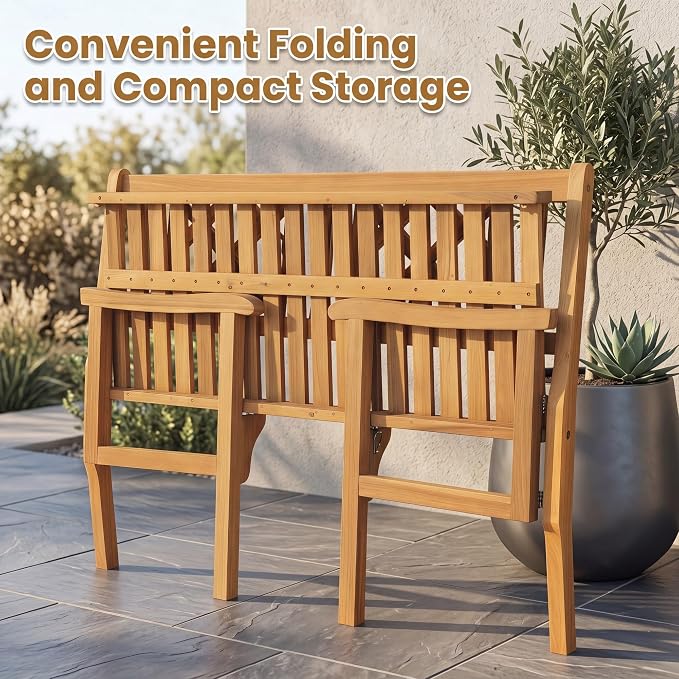Giantex 4 Ft Foldable Outdoor Bench, Acacia Wood Outside Loveseat with Curved Backrest and Armrest, 705Lbs Weight Capacity, Garden Bench for Patio, Park, Porch, Balcony