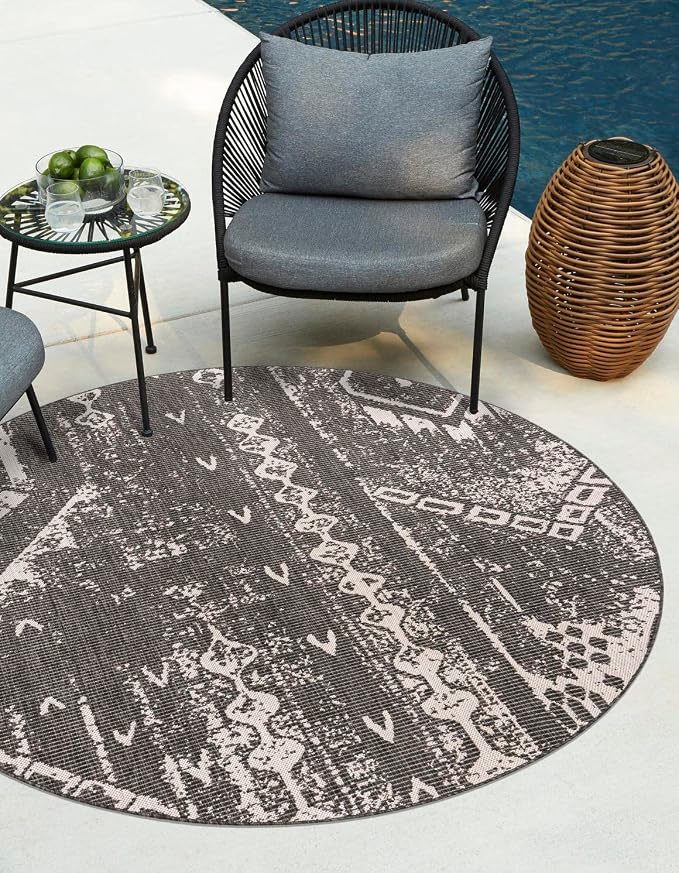 Unique Loom Outdoor Bohemian Collection Area Rug - Anthro (4' 1" Round, Charcoal Gray/ Ivory)