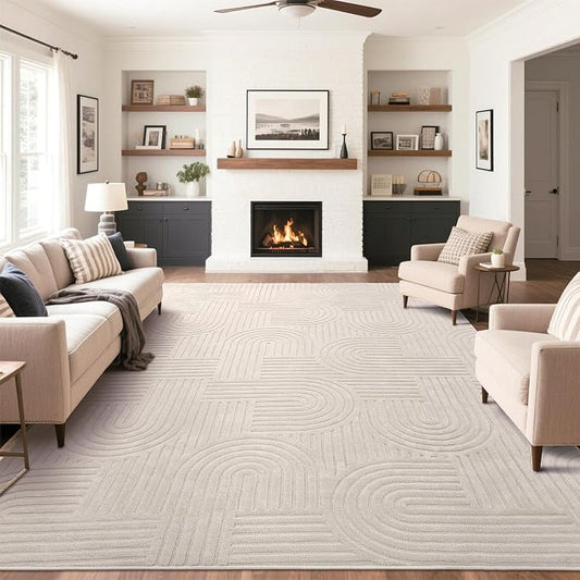 SHACOS Soft Cozy Fluffy Arch Pattern High Low Pile Area Rugs 10'x14' Large Non Slip Washable Modern Geometric Rug Scandinavian Minimalist Carpet for Living Room Bedroom Dining Room, Beige