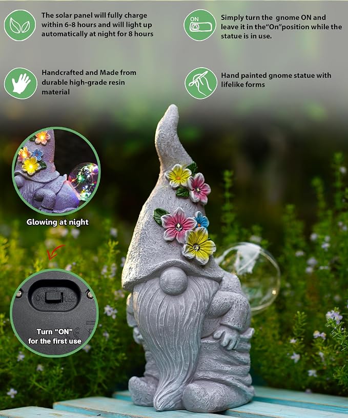 Qeeman Garden Decor Gnome Blow Bubbles: Outdoor Decorations | Yard Art Statues for Patio Balcony Lawn Figurine Gifts for Mom Grandma