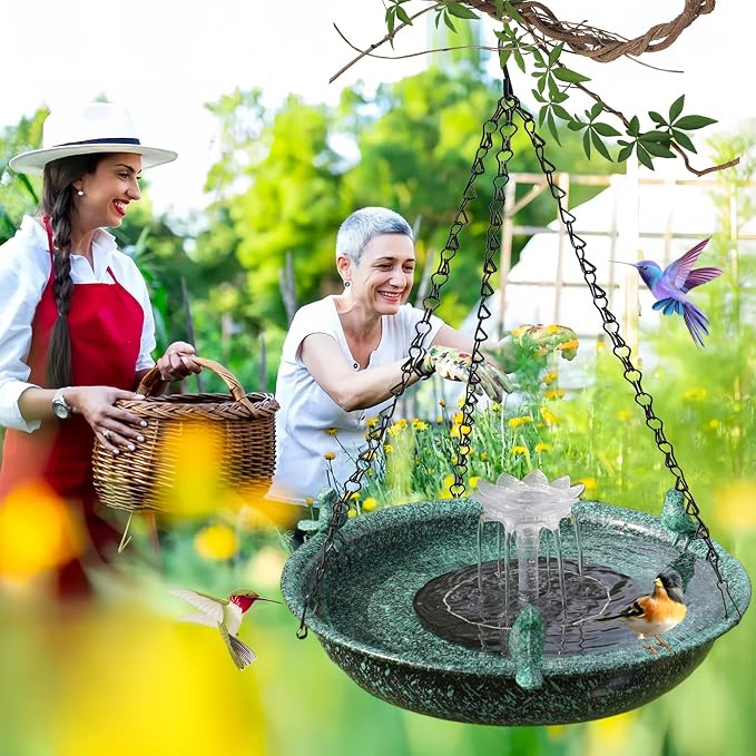Hanging Bird Bath with Fountain,Metal Hanging Bird Bath for Outside,Outdoor Bird Bath Bowl for Garden Patio Decor