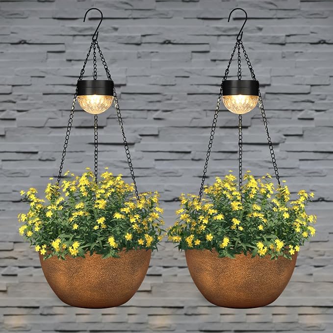 BAYN 2 Packs Solar Hanging Basket Planters for Plants Outdoor, Self Watering Bronze Flower Plants Pots with Solar Light Drainer for Balcony Patio Garden Outdoor Decoration