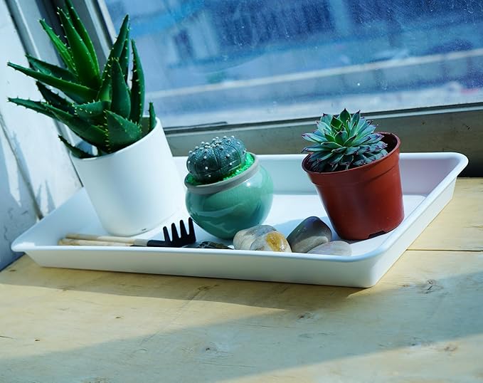 VUWEZ 2 Pack of Plastic Plant Tray Saucer Rectangular 17 18 inch, Pot Trays Saucers for Indoors Outdoor, Plant Water Drip Tray for Flower, Windowsill Planter Trays (7.8 X 17.5'', Cream White)