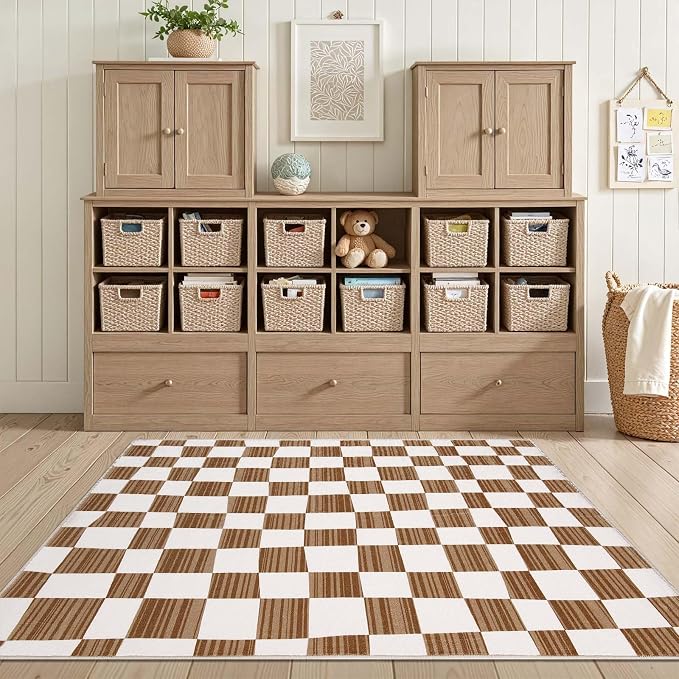 jinchan 3x5 Area Rug Washable Modern Checkered Rug for Kids Room, Brown | Geometric Lattice, Soft, Non-Slip, Floor Carpet, Kitchen, Nursery, Bedroom, Living Room, Entryway, Bathroom, Nursery Playroom