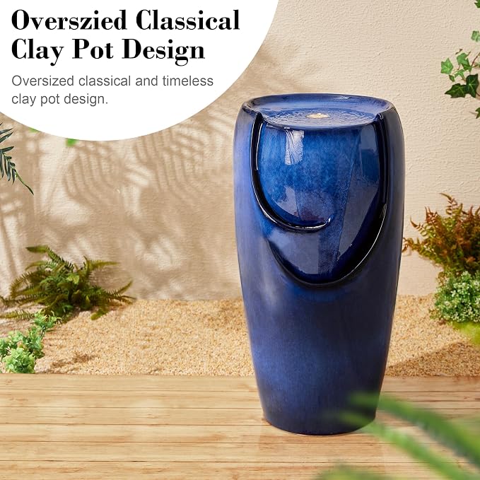 Glitzhome Outdoor Water Fountain with LED Light, Oversized Ceramic Vase Water Fountains Outdoor, Tall Water Feature Backyard Fountain for Garden Patio, Cobalt Blue, 29.3”H