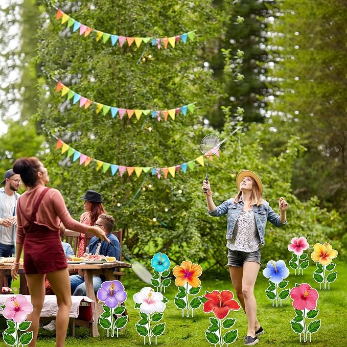 Menkxi 12 Pcs Hawaiian Luau Yard Signs Summer Hibiscus Lawn Sign Tropical Flower Yard Stake Waterproof Luau Outdoor Decorations for Happy Hawaiian Wedding Summer Party Garden Home Decor