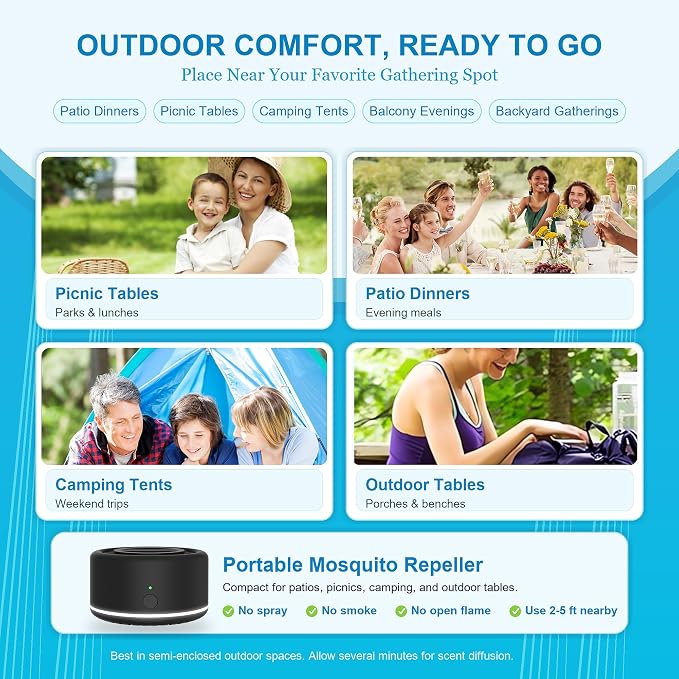 Virine Mosquito Repellent Outdoor Patio, Rechargeable Mosquito Repeller with UL Adapter, Plant-Based Citronella Peppermint Refills, Portable Bug Repellent for Backyard Camping Deck, Night Light