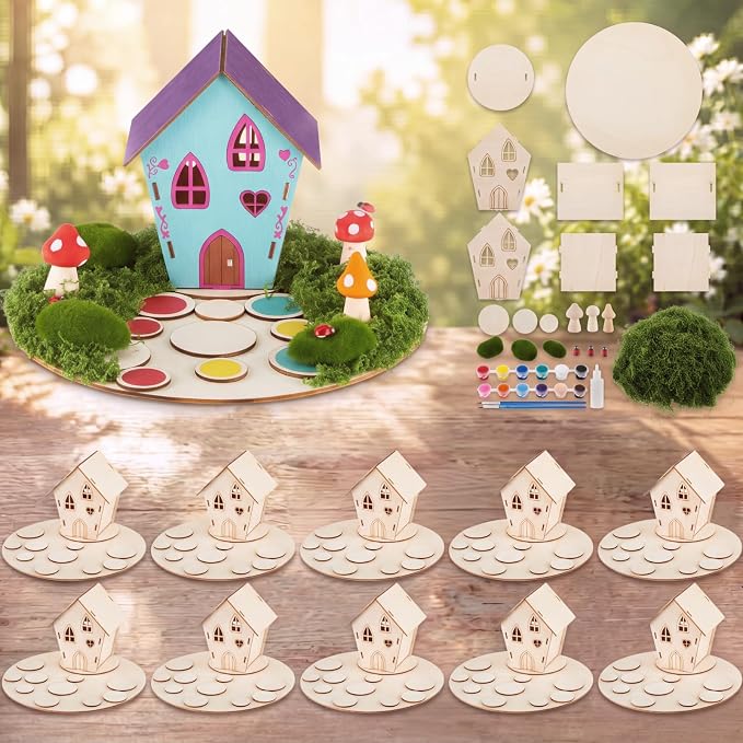 Kathfly 10 Sets Wooden Fairy House DIY Craft Kit for Kids with Paints & Decorations, Unpainted Miniature Garden Accessories for Home Event Party Decorations, Arts Birthday Party Favor (Fairy House)