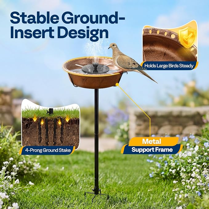 VIVOHOME Bird Bath with Solar Fountain for Outside, Weather-Resistant ABS Birdbath Bowl with Solar Powered Pump, Metal Ground Stake for Outdoor, Garden, 1.45 Gallons, Bronze