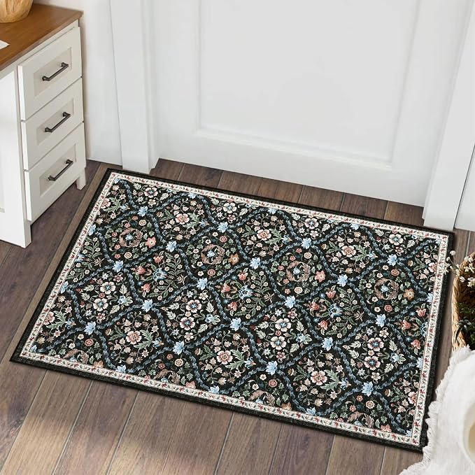 ROYHOME Small Rug Trellis Washable Area Rug Doormat 2' x 3' | Stain Resistant Non-Slip Entryway Rug Distressed Floral Floor Carpet for Front Entrance Kitchen Bathroom, Black