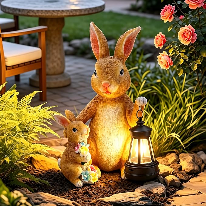Solar Bunny Garden Statue with LED Lantern, Waterproof Resin Figurine | for Tabletop, Patio, Lawn & Easter Garden, Cute Outdoor Decor, Unique Housewarming & Birthday Gift for Women, Mom & Grandma