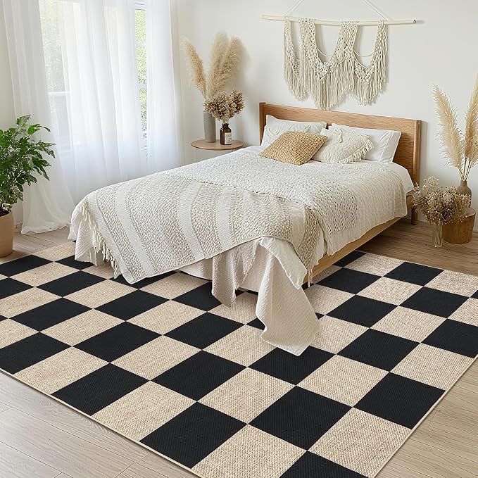 GarveeHome Checkered Easy Jute 3x5 Entryway Rug Machine Washable Outdoor Patio Rug Non-Slip Backing Checkerboard Black Indoor Outdoor Carpet for Hallway Bathroom Kitchen Bedroom
