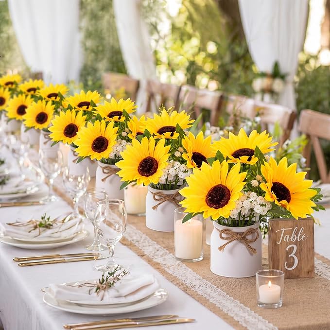 Zeyune 8 Pcs Sunflower Potted Plants Rustic Summer Spring Kitchen Wedding Table Centerpieces Silk Yellow Fake Flower with Plastic Pot for Home Bathroom Office (White, Sunflower and Baby's Breath)