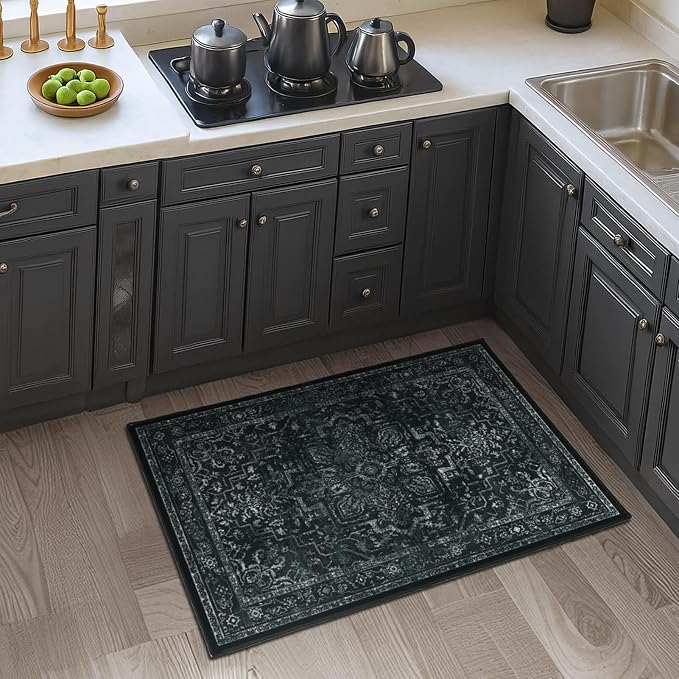 Distressed Black Kitchen 2x3 Rugs Non Slip Washable, Vintage Medallion Pinted Dark Door Mat Indoor Entrance Entryway, Small Low Pile Rugs for Bathroom Vanity/Laundry Room/Bedroom