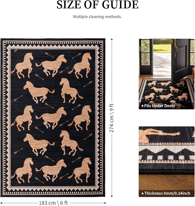 YIHOUSE Black and Gold Zebra Area Rugs 6×9, Washable Animal Print Rug with Geometric Border, Non-Slip Low Pile Mid-Century Modern Carpet for Living Room, Bedroom, Dining Room