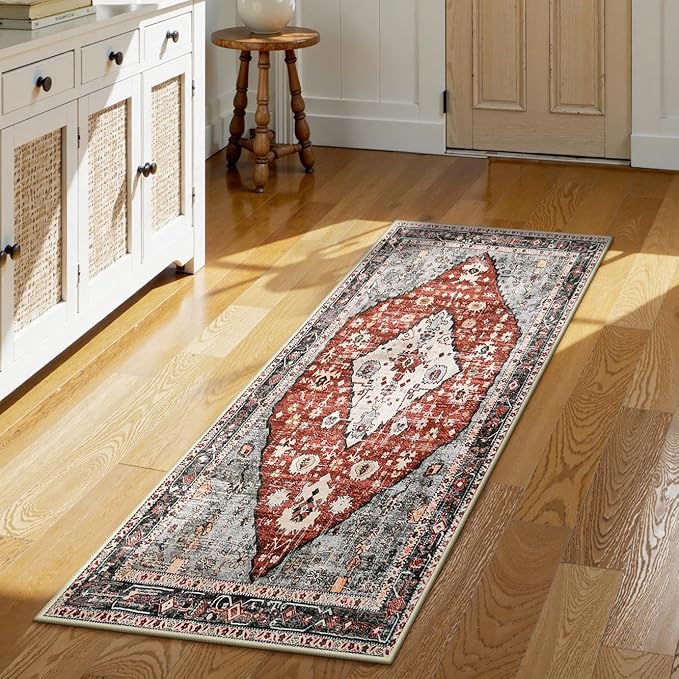 Lahome Felice Boho Tribal Runner Rug - 2x4.3 Red Washable Kitchen Rug Soft Bedroom Mat, Non Slip Kid Pet Friendly Long Bathroom Carpet Runner for Front Door Hallway Foyer Powder Room Vanity