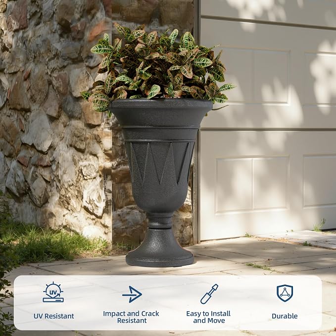 Tall Urn Planters for Outdoor Plants Set of 2-23.6" H Vintage Trophy Design Outdoor Planters for Porch Decor with Drainage Hole, Indoor Large Flower Pots, Pedestal Planter/Garden Vase, Gray