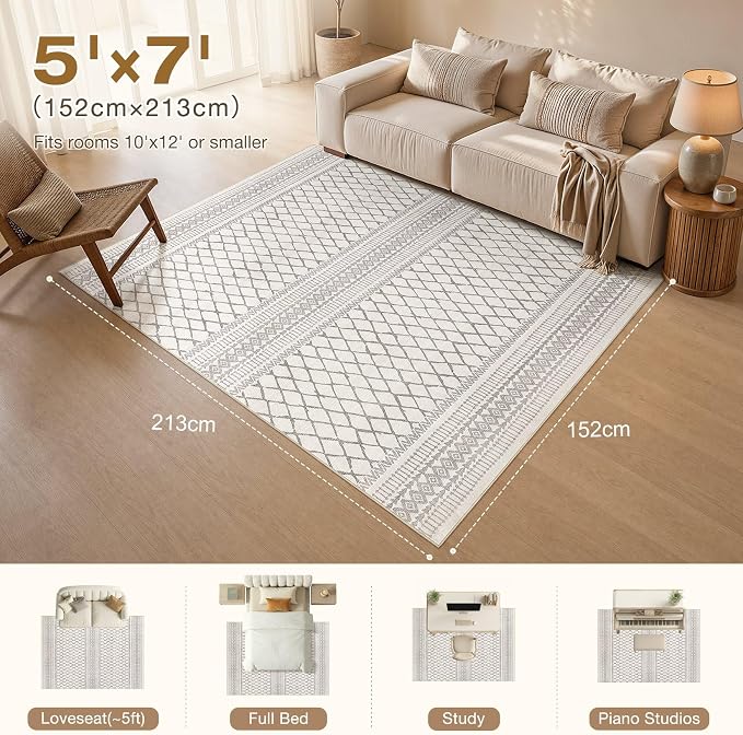 cotiled Boho 5x7 Area Rugs for Living Room: Soft Moroccan Washable Rug | Solve Modern Neutral Trendy Home Decor - Stain Resistan Indoor Carpet for Bedroom Dining Room Beige Gray