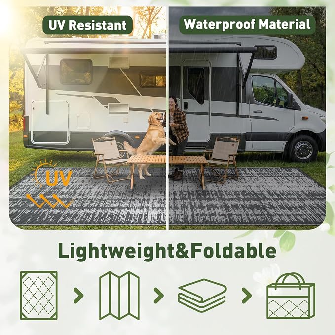 MontVoo Outdoor Rug Waterproof 8x10 ft Outdoor Carpet Patio Rug Mat Reversible RV Camping Rug Plastic Straw Outside Rug for Balcony Porch Deck Picnic Beach Modern Grey