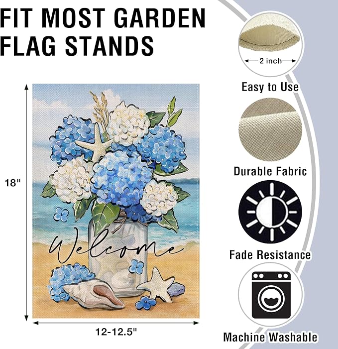 Artofy Welcome Spring Summer Flower Small Decorative Garden Flag, Hydrangea Floral Mason Jar Beach Coastal Yard Lawn Outside Decor, Nautical Conch Starfish Outdoor Home Decoration Double Sided 12 x 18