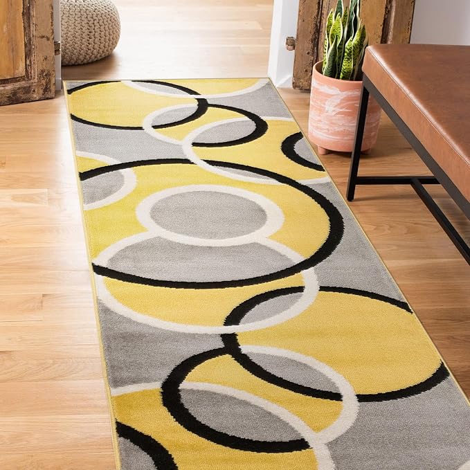 Rugshop Abstract Circles Contemporary Runner Rug Yellow 2' x 7'2" | Non-Shedding, Runner, Size 2' x 7'2", Living Room, Bedroom, Dining Room, Home Office, Kitchen, Entryway, Hallway, Nursery