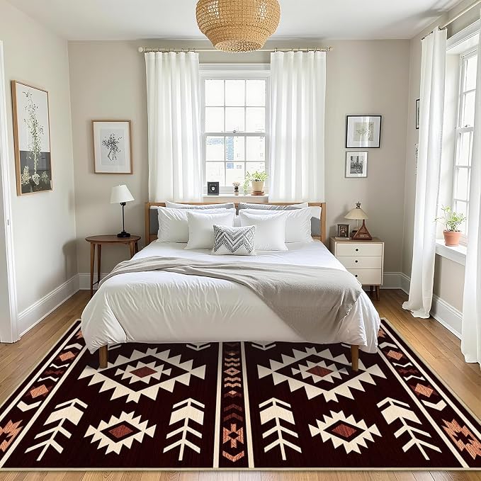 Area Rug 5x7 Western Rug Living Room Southwestern Aztec Tribal Rugs Southwest Navajo Machine Washable Non-Slip Printed Low-Pile Floor Carpet for Bedroom Dining Room Office, Red Brown