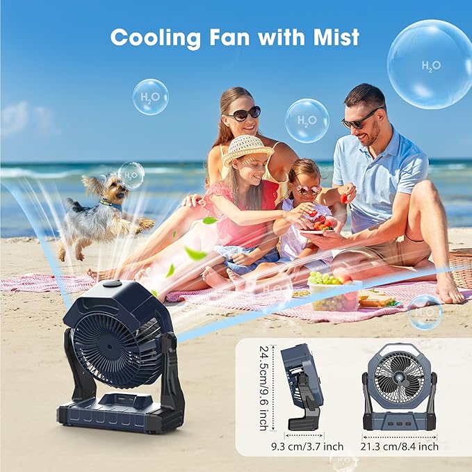 Ausic Portable Misting Camping Fan, 8" Outdoor Cooling Fan with LED Light, Water Spray, Hook, [Max 35H] Battery Operated Rechargeable Fan for Sports Sidelines, Patio, Beach, Tent, Travel