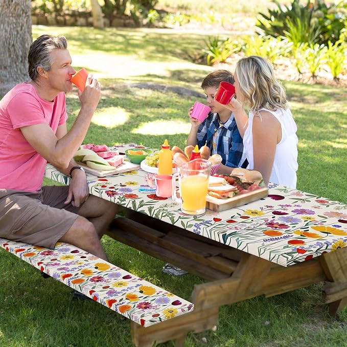 Picnic Table Cover with Bench Covers Elastic Edges, Wildflower Boho Camper Fitted Table Cover, Outdoor Camping Essentials 72 Inch 3PCS, Waterproof Camping Fitted Tablecloth with Drawstring Bag