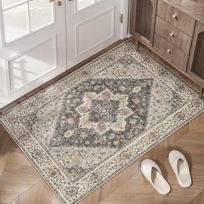 Tangsoo 2x3 Washable Rugs for Entryway, Vintage Non Slip Small Area Rug | Farmhouse Indoor Front Door Rug, Soft Low Pile Door Mat Small Carpet Throw Rugs for Entry Entrance Kitchen Bedroom Grey/Multi