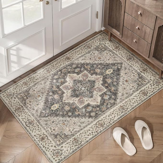 Tangsoo 2x3 Washable Rugs for Entryway, Vintage Non Slip Small Area Rug | Farmhouse Indoor Front Door Rug, Soft Low Pile Door Mat Small Carpet Throw Rugs for Entry Entrance Kitchen Bedroom Grey/Multi