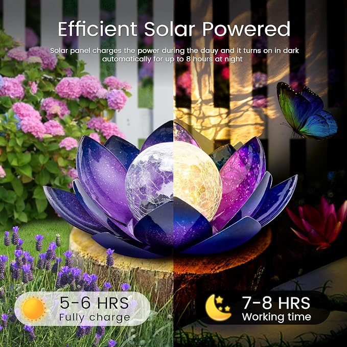 Huaxu Solar Lights Outdoor Decor, Purple Lotus Flower Light, Waterproof LED Crackle Globe Glass Lamp for Garden, Patio, Yard, Porch, Pathway, Ground, Tabletop Gifts for Mom,Women