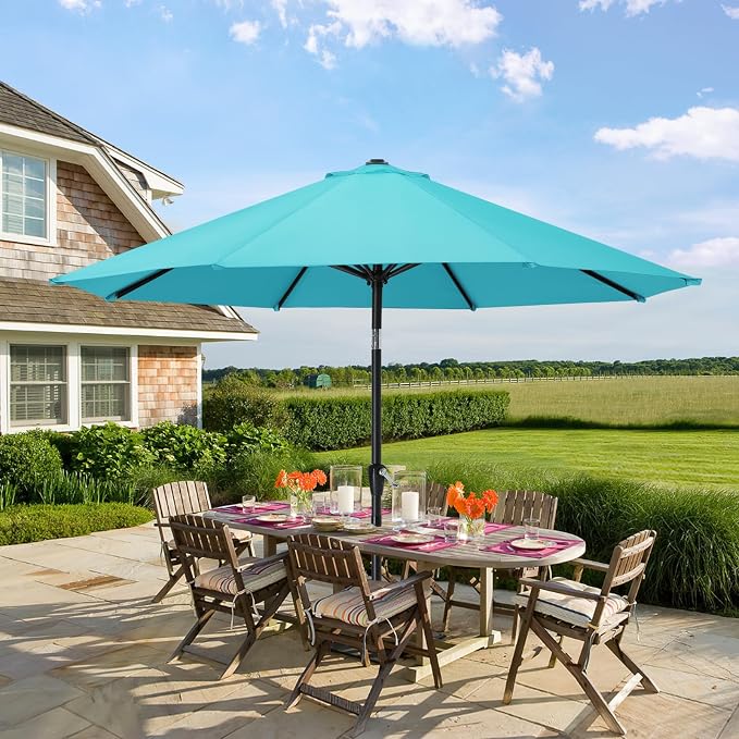 MASTERCANOPY 9FT Patio Umbrella with Push Button Tilt and Crank, Outdoor Market Umbrella with 8 Sturdy Ribs, UV Protection & Waterproof for Garden, Deck, Backyard, Pool (Turquoise)