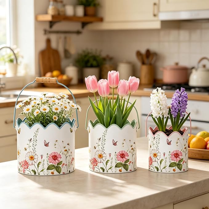 Set of 3 Vintage Floral Metal Planters Rustic Flower Pots with Wooden Handle, Farmhouse Decorative Floral Buckets for Dried Flowers, Faux Plants, Home Garden Decor
