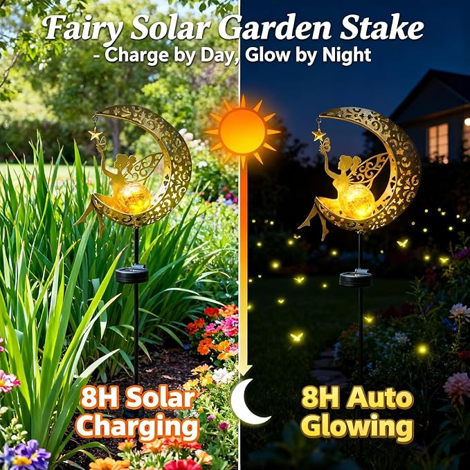 Solar Moon Fairy Garden Stake Light, Outdoor Waterproof Metal Yard Art with Crackle Glass, Decorative Solar Pathway Lights for Patio Lawn, Gift for Housewarming Mother's Day for Mom Women