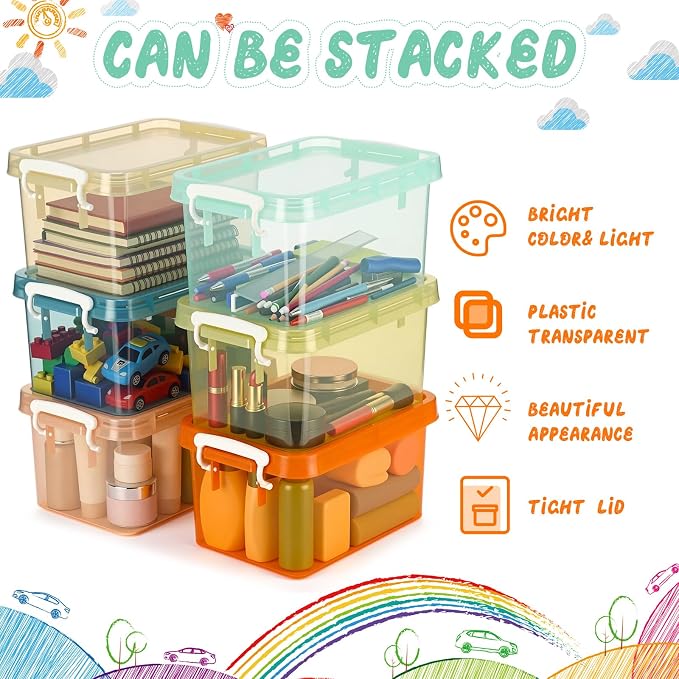Wenqik 12 Pack Colorful Plastic Storage Bins with Lids 4 Quart Small Storage Latch Box Stackable and Nestable Clear Organizer Bins with Latching Handle and Buckle for Organizing (Pastel)