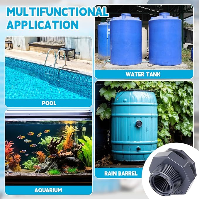 Bulkhead Fitting PVC Water Tank Connector Plumbing Pipe Threaded Bulkhead Fitting NPT for Rain Barrels, Water Tanks, Aquariums, Tubs, Pools(8 Pcs,1 Inch)