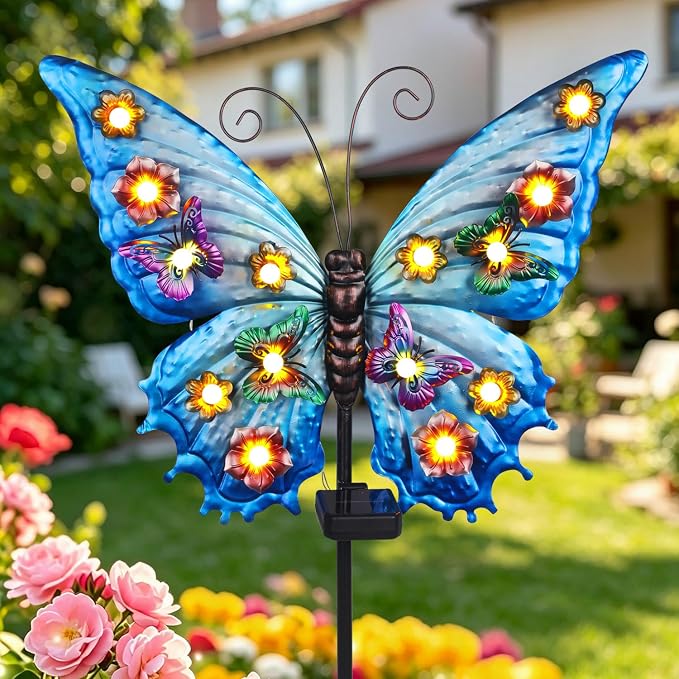 Butterfly Solar Lights Outdoor Waterproof 50.0" Large with String Bulbs and Flowers, Solar Garden Stakes Butterfly Yard Decor Gardening Gifts for Women Mom Grandma Gardeners Enthusiasts